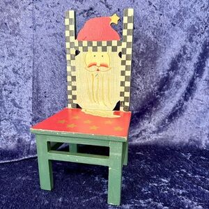 Vtg 12" Wood SANTA CHAIR Black Checkerboard Gold Star Crackle Hand Painted